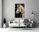 Safari-luxury zebra cinematic glass wall art in boutique-hotel lounge