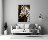 Safari-luxury zebra cinematic glass wall art in boutique-hotel lounge