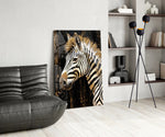 Gilded-mane zebra cinematic glass wall art over master-bedroom headboard
