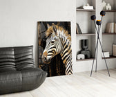 Gilded-mane zebra cinematic glass wall art over master-bedroom headboard
