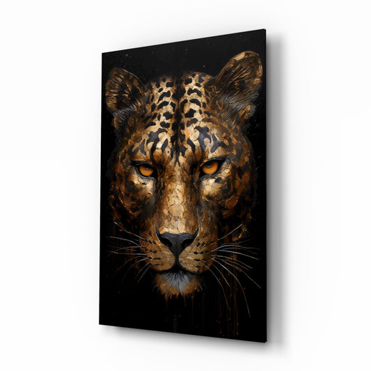 Gilded leopard mask cinematic glass wall art above leather chair in gentleman's study