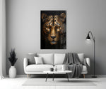 Sculpture-poster leopard cinematic glass wall art in boutique-hotel suite