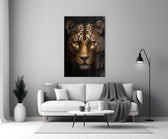 Sculpture-poster leopard cinematic glass wall art in boutique-hotel suite