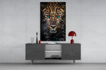 Fine-art leopard cinematic glass wall art beside modern bar console