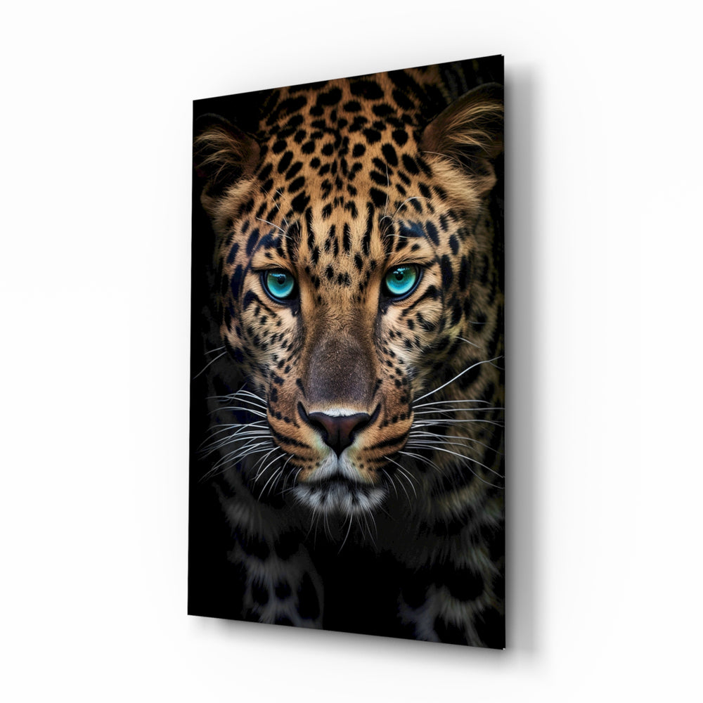 Blue eyed leopard portrait cinematic glass wall art above leather chair in gentleman's study