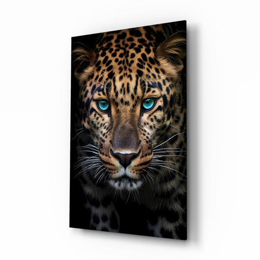 Blue eyed leopard portrait cinematic glass wall art above leather chair in gentleman's study