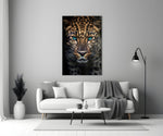 Wildlife leopard cinematic glass wall art in boutique-hotel lounge
