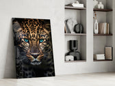 Photoreal leopard cinematic glass wall art over walnut sideboard in dining room