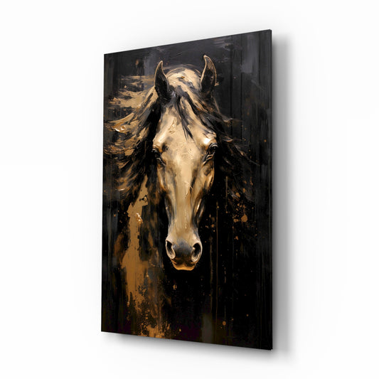 Golden horse painterly cinematic glass wall art in equestrian-themed study