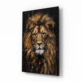 Golden lion oil portrait cinematic glass wall art above leather chair in gentleman's study