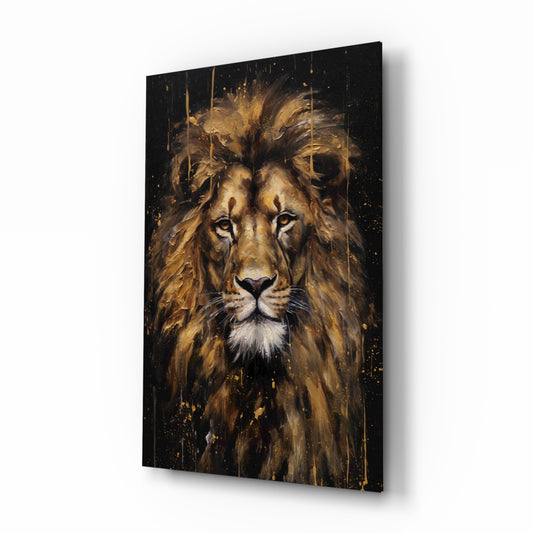 Golden lion oil portrait cinematic glass wall art above leather chair in gentleman's study