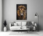 Gold-mane lion cinematic glass wall art in boutique-hotel lounge