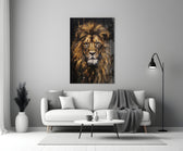 Gold-mane lion cinematic glass wall art in boutique-hotel lounge