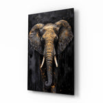 Golden elephant oil portrait cinematic glass wall art above leather chair in gentleman's study