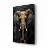 Golden elephant oil portrait cinematic glass wall art above leather chair in gentleman's study