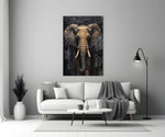 Gold-leaf elephant cinematic glass wall art in boutique-hotel lounge