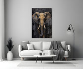 Gold-leaf elephant cinematic glass wall art in boutique-hotel lounge