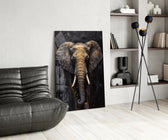 Bull-elephant cinematic glass wall art in glamorous library