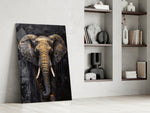 Painterly gilt elephant cinematic glass wall art over walnut sideboard in dining room