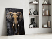 Painterly gilt elephant cinematic glass wall art over walnut sideboard in dining room