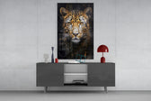 Fine-art leopard cinematic glass wall art beside modern bar console