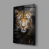 Photoreal big-cat cinematic glass wall art in designer-luxury entryway