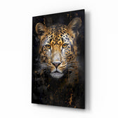 Amber leopard portrait cinematic glass wall art above leather chair in gentleman's study