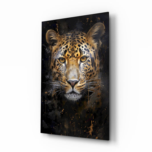 Amber leopard portrait cinematic glass wall art above leather chair in gentleman's study