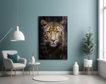 Honey-eyed leopard cinematic glass wall art over master-bedroom headboard