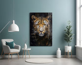 Honey-eyed leopard cinematic glass wall art over master-bedroom headboard