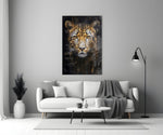 Wildlife leopard cinematic glass wall art in boutique-hotel lounge