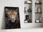 Photoreal leopard cinematic glass wall art over walnut sideboard in dining room