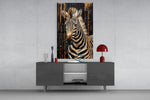 Gold-foil safari cinematic glass wall art in country-house library