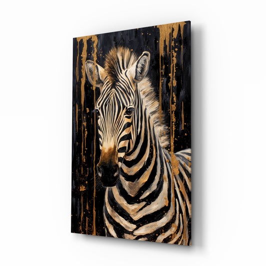 Gold zebra painterly cinematic glass wall art above linen sofa in designer lounge