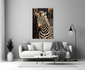 Safari-luxury zebra cinematic glass wall art in boutique-hotel lounge