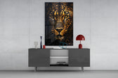 Cinematic leopard glass wall art beside modern bar console