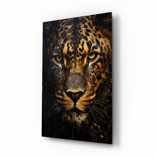 Shadowed leopard painterly cinematic glass wall art above leather chair in gentleman's study