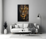 Painterly big-cat cinematic glass wall art in boutique-hotel lounge
