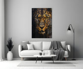 Painterly big-cat cinematic glass wall art in boutique-hotel lounge