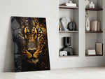 Painterly leopard cinematic glass wall art over walnut sideboard in dining room
