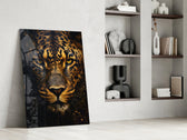 Painterly leopard cinematic glass wall art over walnut sideboard in dining room