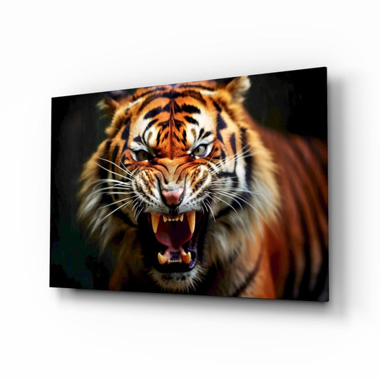Snarling tiger Bengal cinematic glass wall art above leather chesterfield in gentleman's study