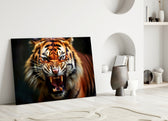 Bengal-tiger close-up cinematic glass wall art in designer-luxury entryway