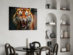 Documentary tiger cinematic glass wall art over master-bedroom headboard