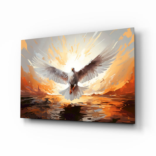 White dove sunrise cinematic glass wall art above Christian home library reading chair