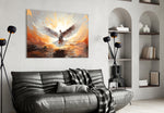 Glory-light dove cinematic glass wall art over linen sofa in serene living room