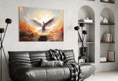 Glory-light dove cinematic glass wall art over linen sofa in serene living room