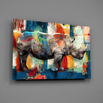 Modernist wildlife rhino cinematic glass wall art over walnut console in creative office