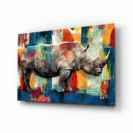 Expressionist rhino painterly cinematic glass wall art above linen sofa in designer lounge