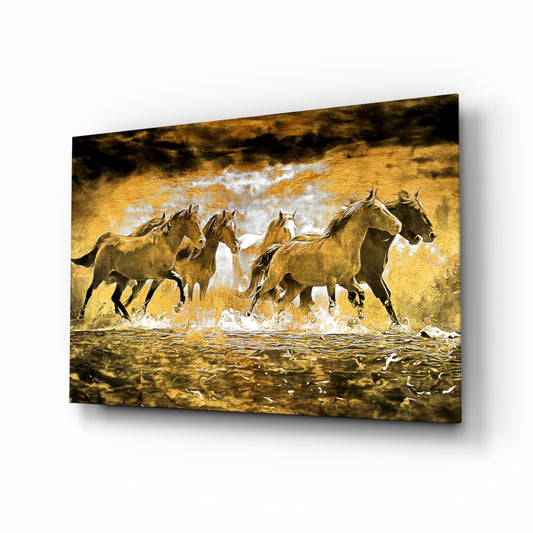 Galloping horse herd painterly cinematic glass wall art above linen sofa in country-house living room